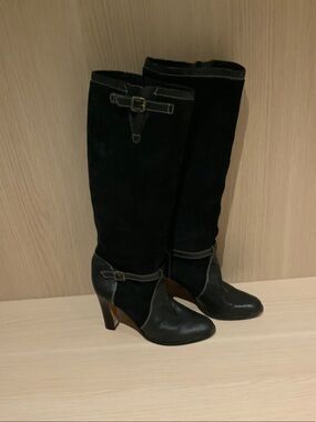 Michael Kors Black Leather and Suede Knee-High Heeled Boots